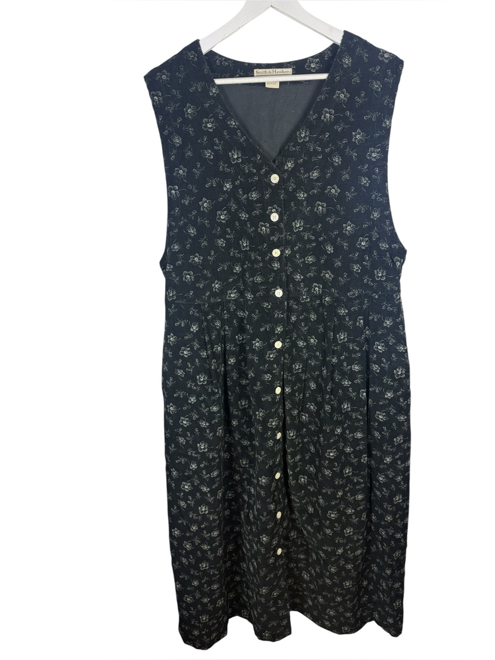 Smith & Hawken Vintage Black Floral 100% Cotton Corduroy Jumper Dress